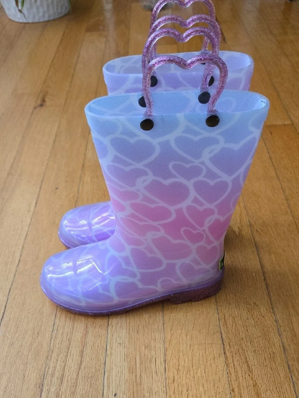 Western Chief Pink and Purple Heart Pattern Kids Rain Boots with Glitter Handles